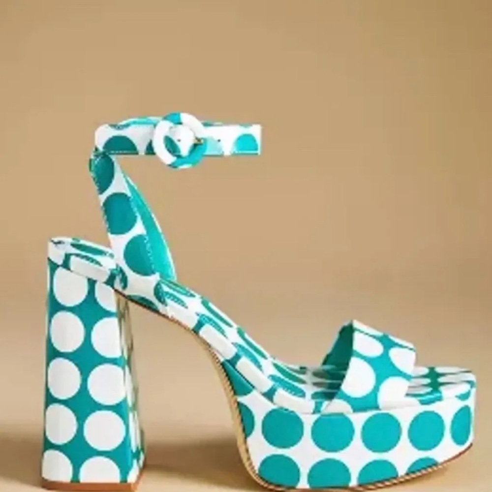 Anthropologie Larroude Dolly Platform Sandal Green White Patent Polka Dot - Picture 7 of 10